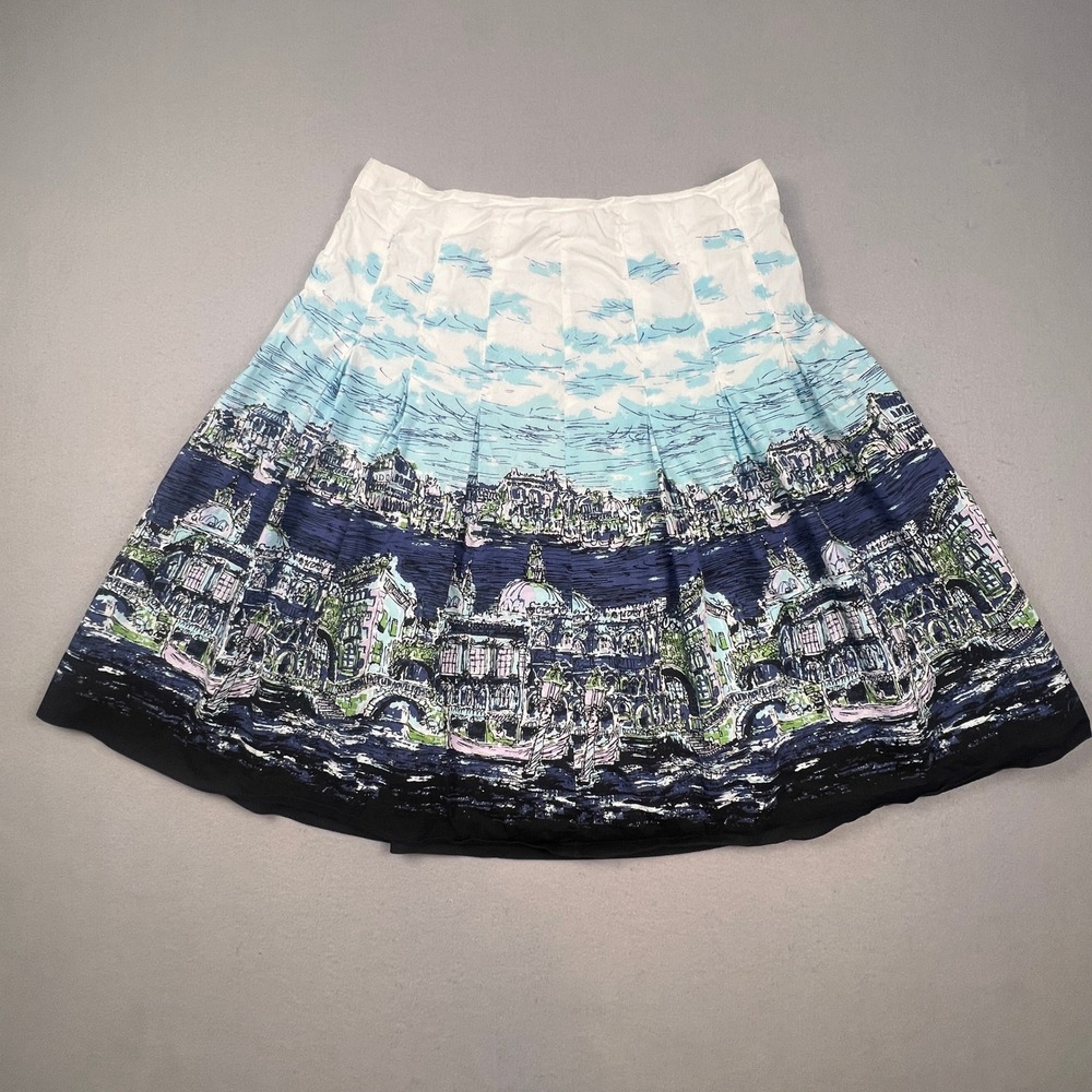 Talbots Pleated Skirt Womens 10 Blue Venice‎ Cityscape Print A-Line Knee Length